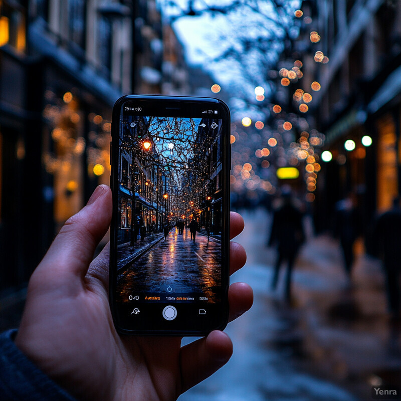 A person is taking a photo of a city street with their smartphone.