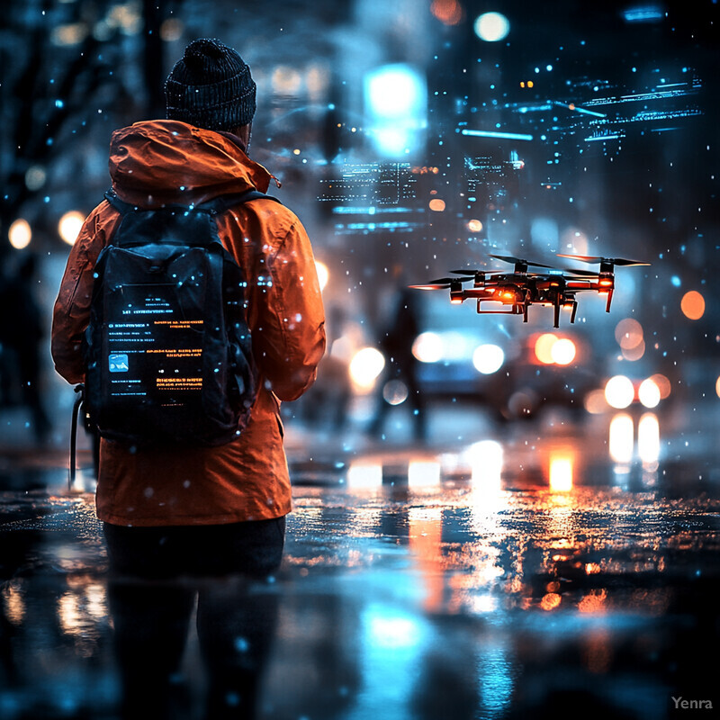 A person observes a drone hovering above them on a rainy city street at night.