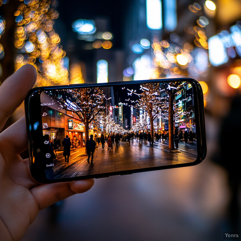 A hand holds a smartphone displaying a vibrant city street scene at night.