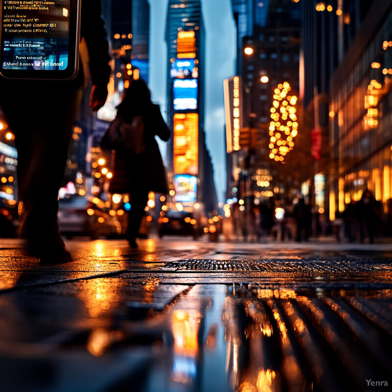 A city street scene at night with neon lights and pedestrians.