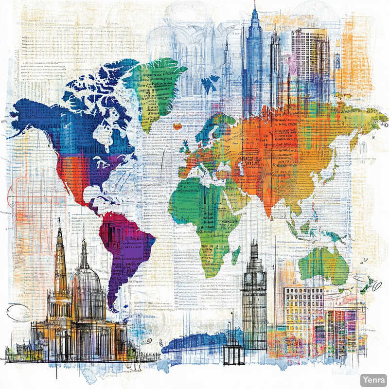 A world map overlaid with city skylines, symbolizing global connectivity and cultural diversity.