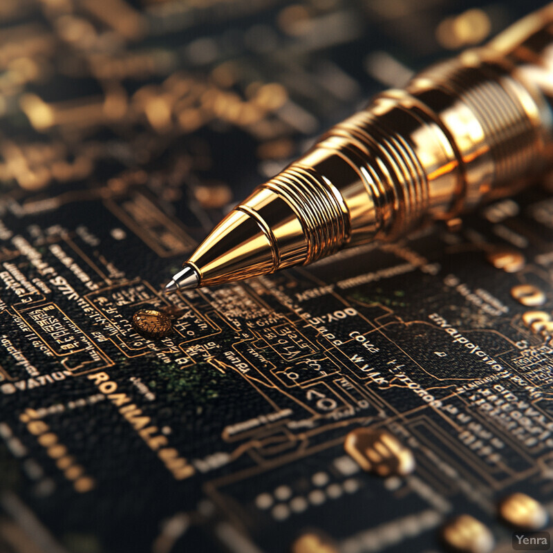 A gold pen rests on top of a complex circuit board.