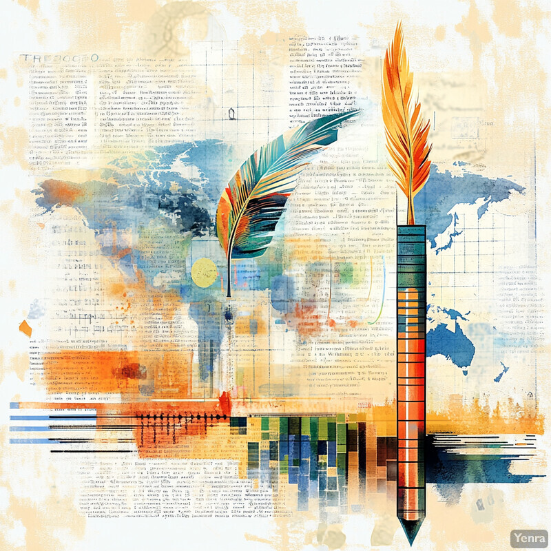 The image features an abstract composition with a feather quill pen and globe in the foreground, set against a backdrop of various languages.