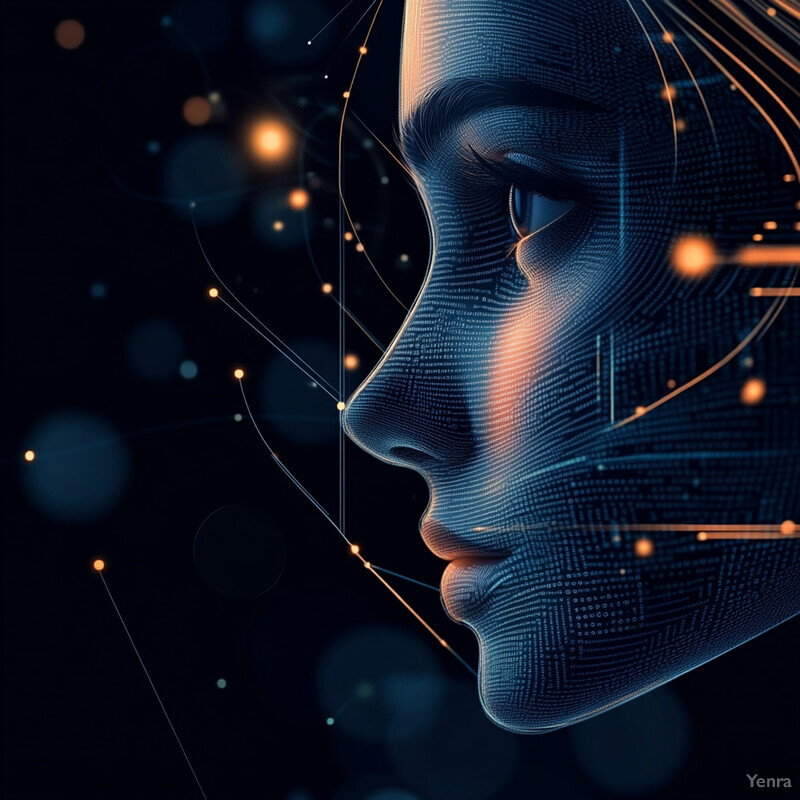 A futuristic representation of a human face with intricate lines and patterns.