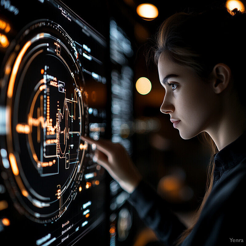 A young girl is fascinated by a futuristic screen displaying a complex graph in a high-tech laboratory or control room.