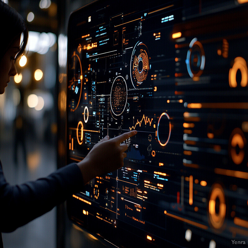 A woman is analyzing data on a large screen in an office setting.