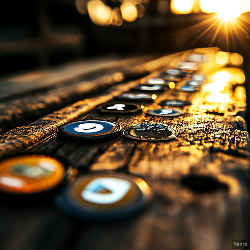 An array of coins arranged on a wooden surface, each featuring different symbols.