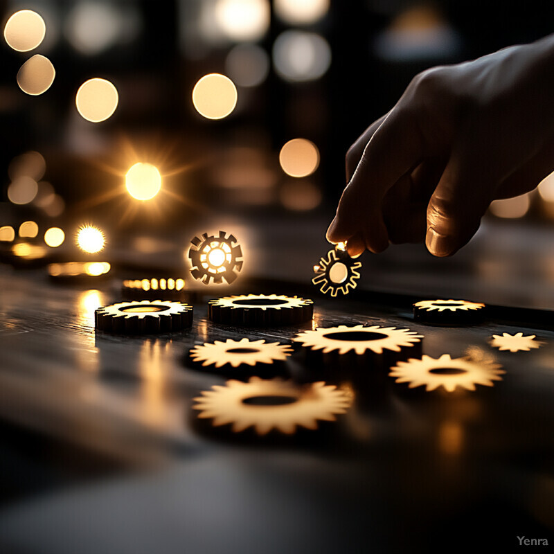 A hand reaches for a wooden gear on a table in an office or workshop setting.