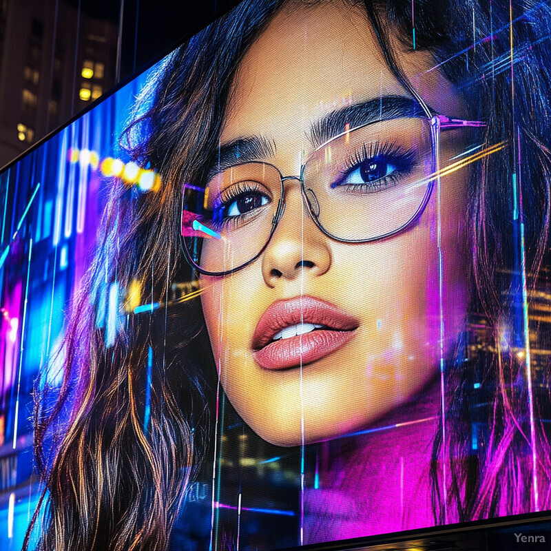 A close-up of a woman's face on a large digital screen in an urban setting.