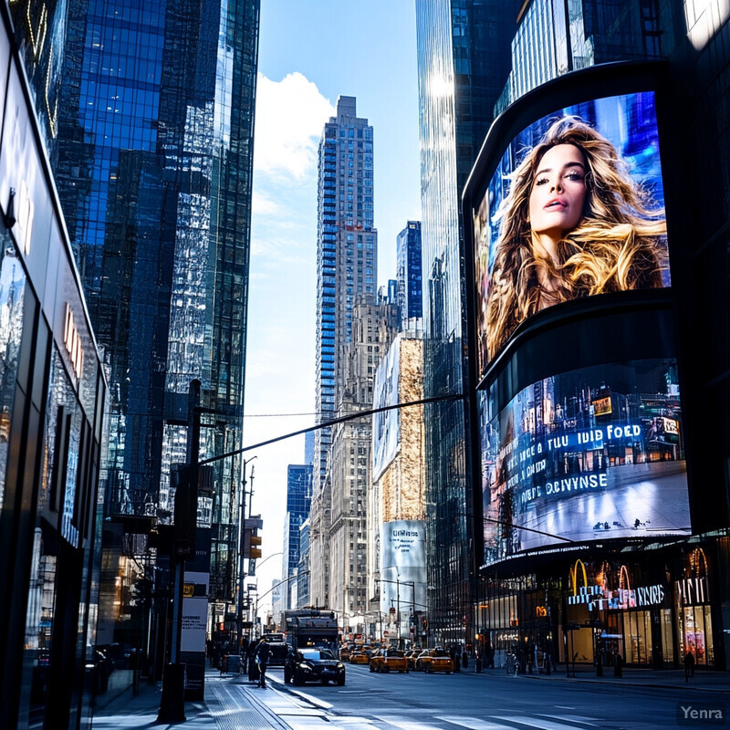 A city street scene with a large billboard featuring a woman's face and a bright blue sky in the background.