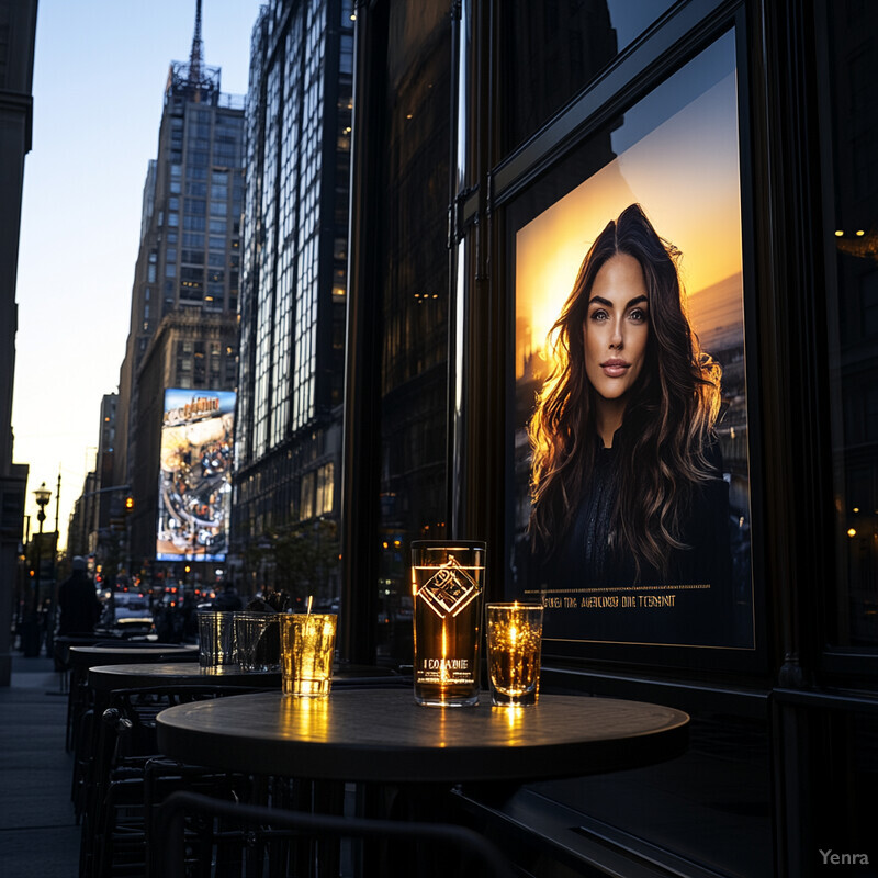 A dimly lit outdoor seating area of a bar or restaurant with string lights and candles creating a warm ambiance.