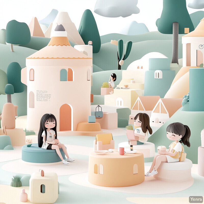 A group of young girls engage in various activities amidst a stylized landscape with soft pastel colors.