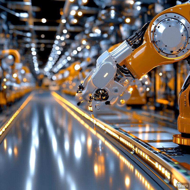 A large-scale manufacturing facility with rows of robotic arms and conveyor belts.