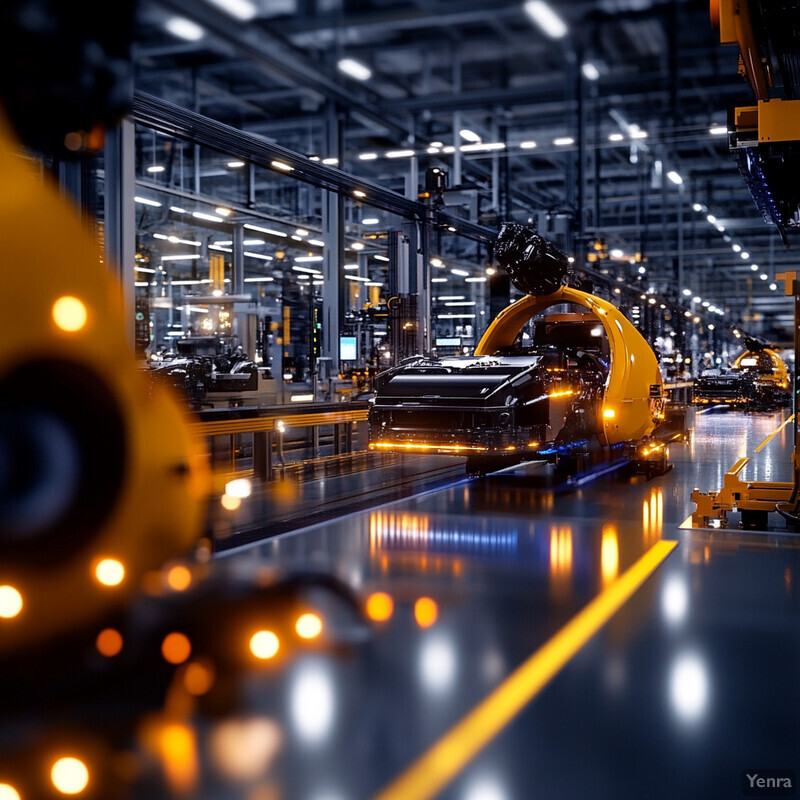 A large factory floor with rows of conveyor belts and machinery, featuring black cars being transported along the conveyors.