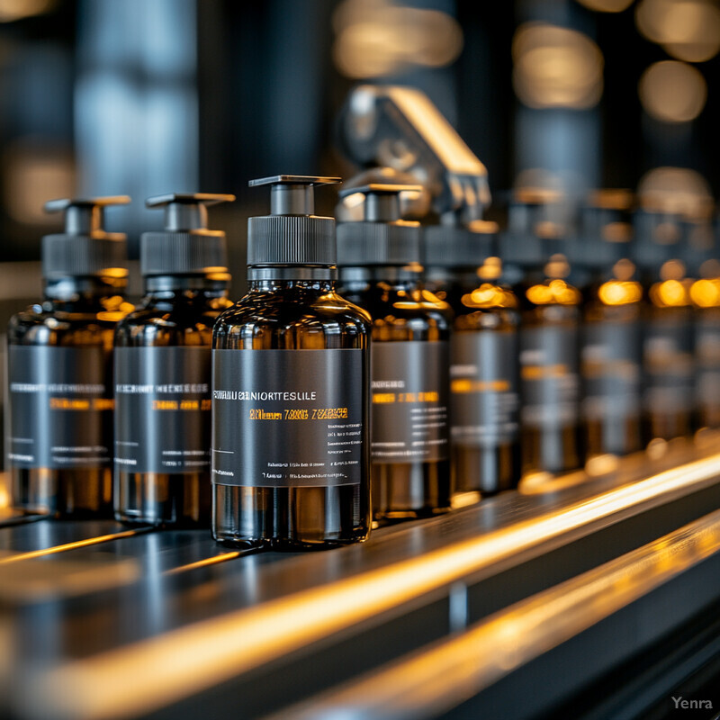 Rows of dark brown bottles with gray labels and yellow text on a conveyor belt or shelf in an industrial setting.