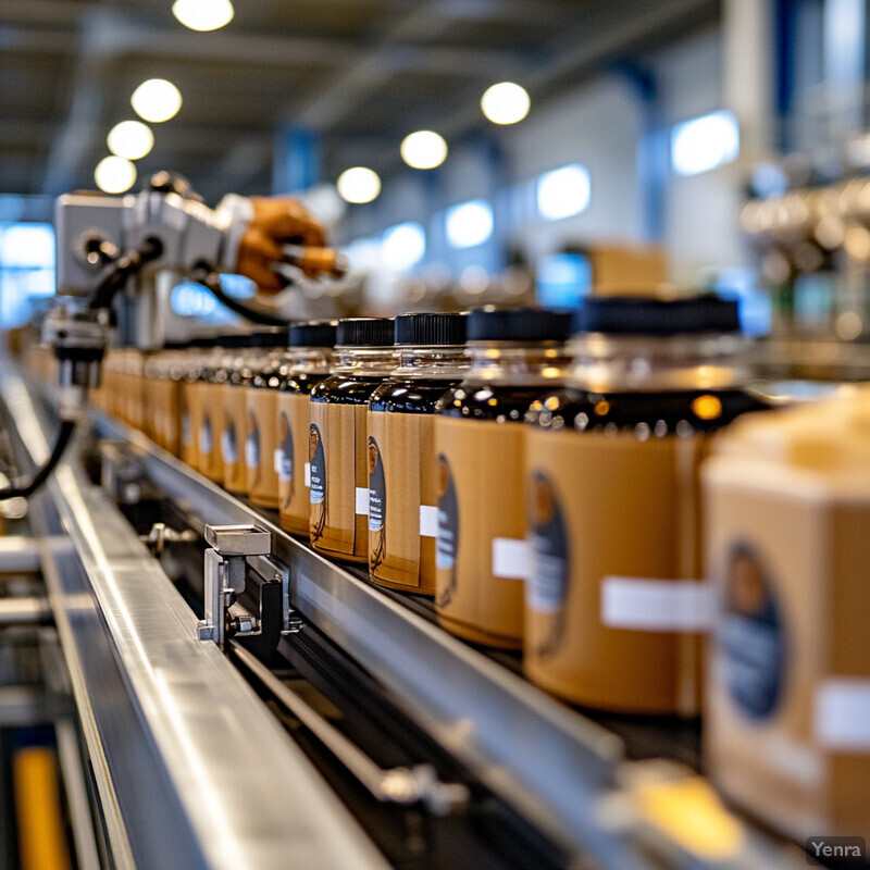 A factory or warehouse setting where rows of bottles are being processed on an assembly line.