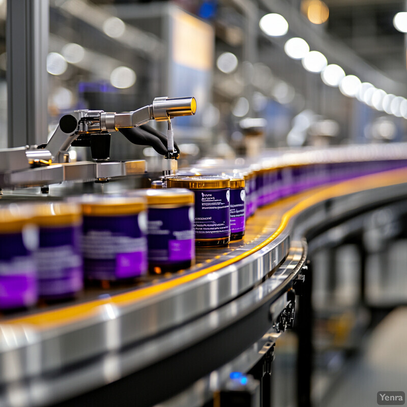 A production line with cylindrical containers and a robotic arm in the background.