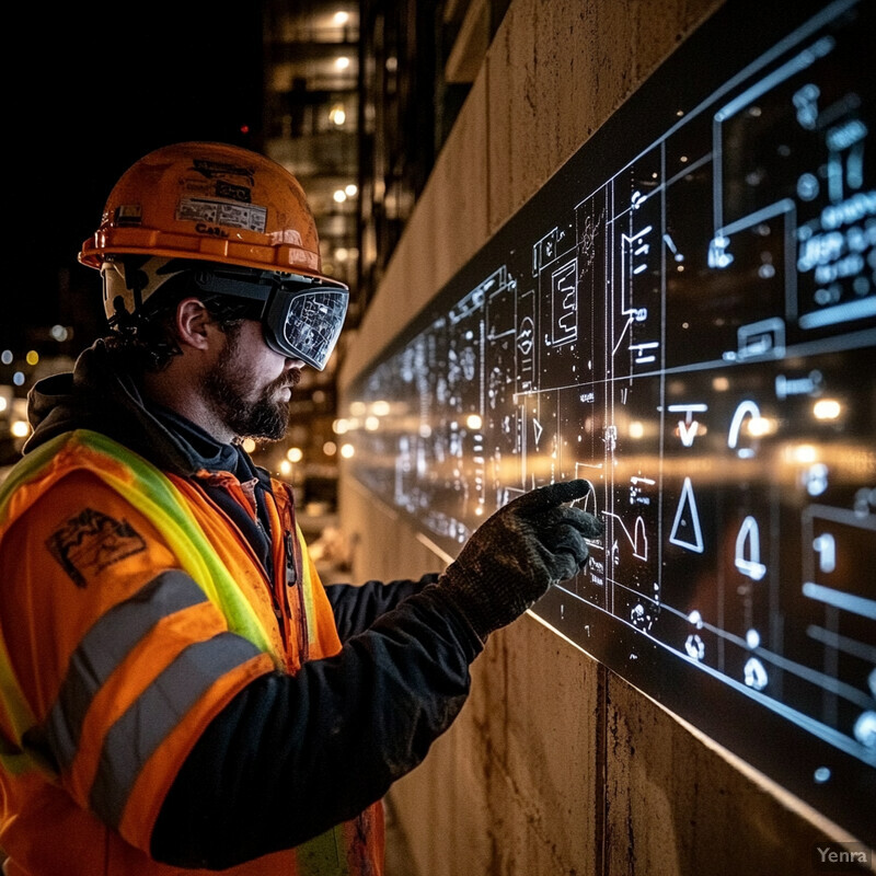 A construction worker examines a large screen displaying blueprints or architectural plans in a dimly lit room or area within a larger building complex.