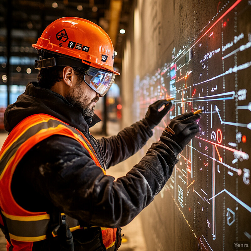 A man wearing a hard hat and gloves stands in front of a screen displaying various lines and symbols.