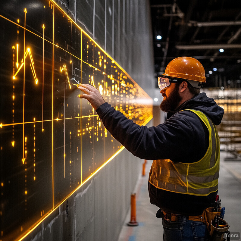 A construction worker is shown pointing to a large screen displaying various graphs and charts in a warehouse or factory setting.