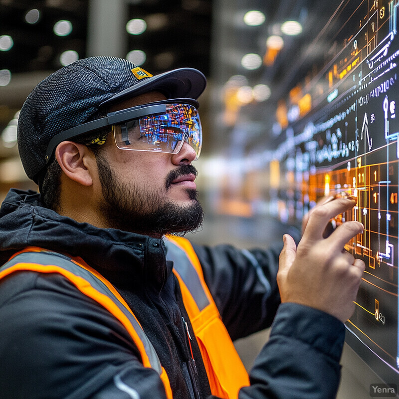 A man in safety gear uses augmented reality guidance in a warehouse setting.