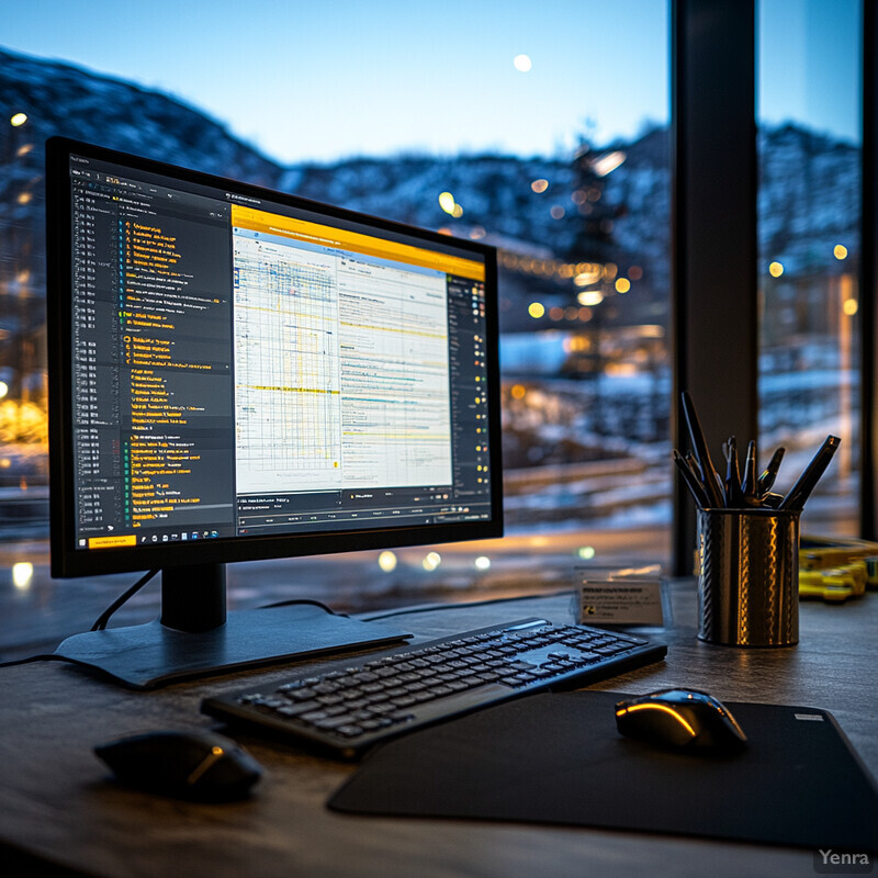 A computer monitor displaying code on its screen, situated on a desk in front of a window.