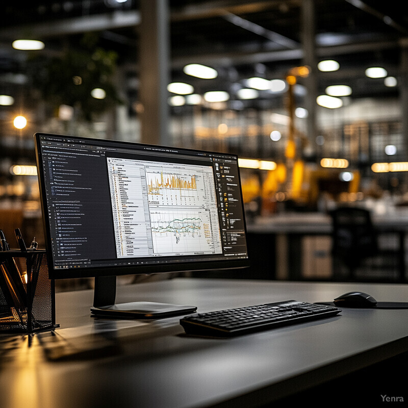 An office scene with a computer monitor displaying graphs and charts on its screen.