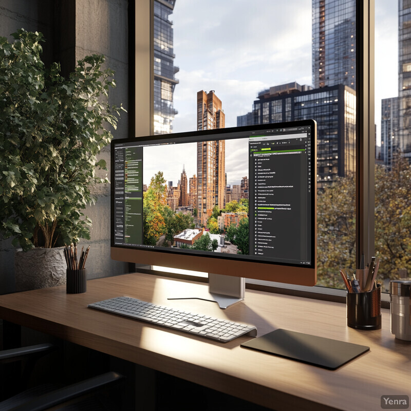 A computer monitor and keyboard sit on a desk in front of a window overlooking a cityscape.