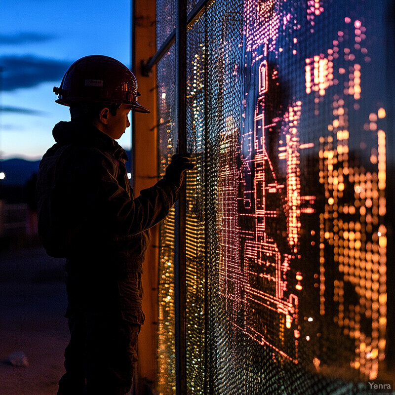 A man in a hard hat stands next to a large screen displaying an intricate circuit board pattern.