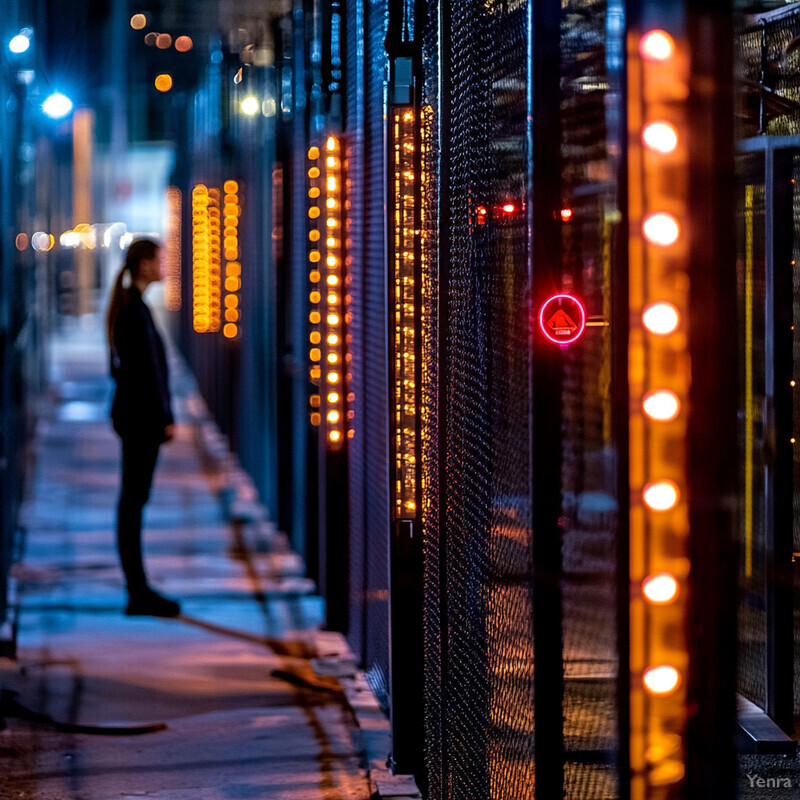 A young woman stands on an urban sidewalk at night, gazing to the left of the camera, surrounded by a city street with tall buildings and neon signs.