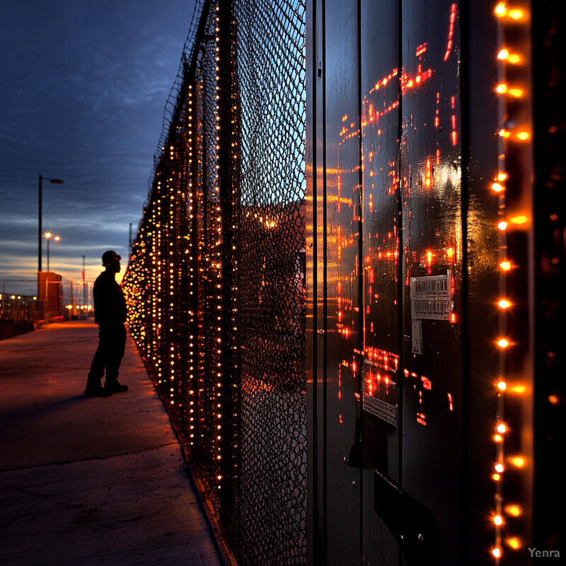 A person stands next to an illuminated fence near a large container or trailer.