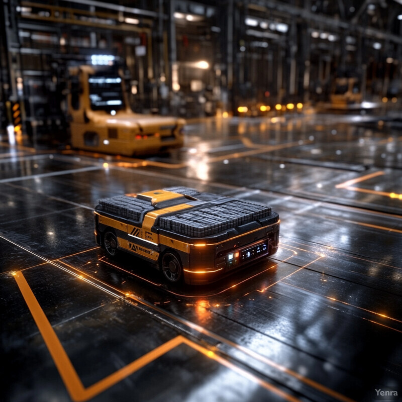 A futuristic warehouse scene showcasing an advanced automated material handling system.