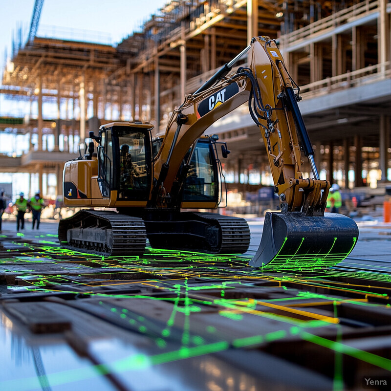 A yellow Caterpillar excavator is prominently featured on a construction site, surrounded by wooden scaffolding and concrete blocks.