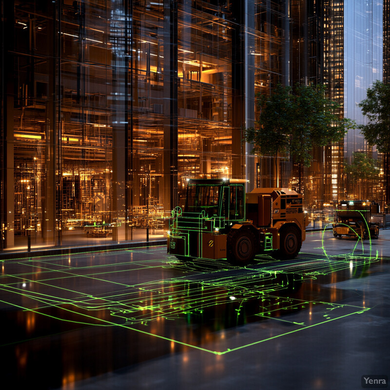 A futuristic cityscape with an Automated Site Layout Analysis machine and smaller construction/maintenance machines in the background.