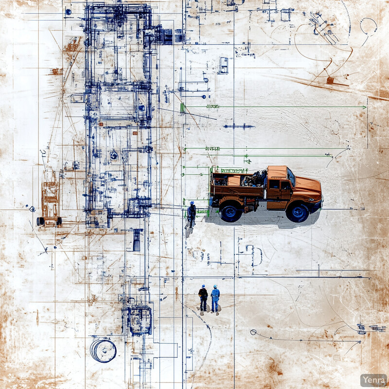 A blueprint or technical drawing of a construction project, featuring a large truck and several people in the center.