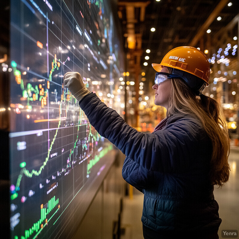 A woman in a warehouse or factory setting interacts with a large screen displaying various graphs and charts.