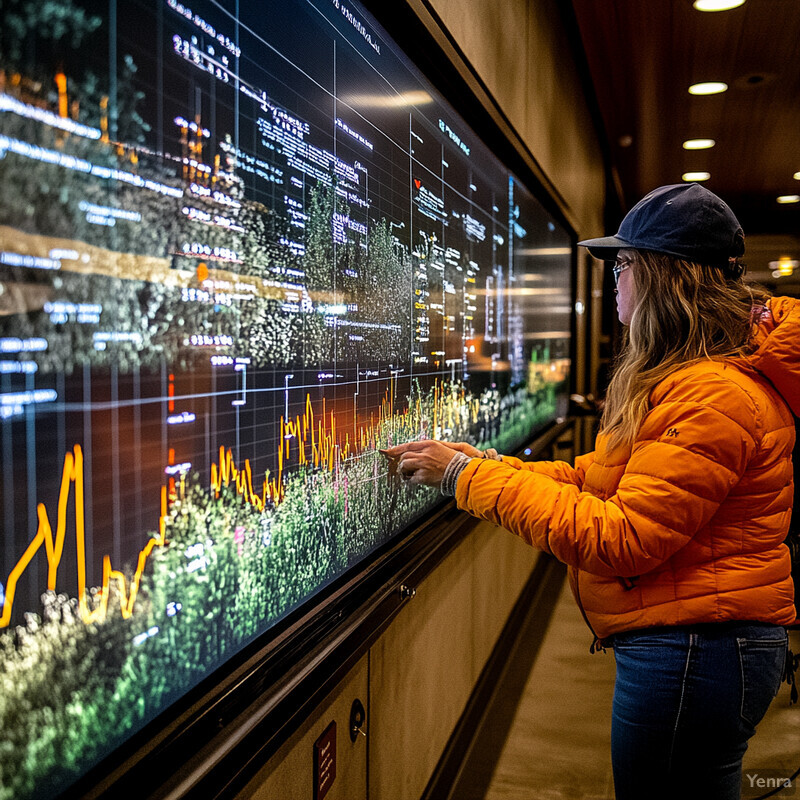 A woman in an orange puffer jacket is analyzing data on a large screen.