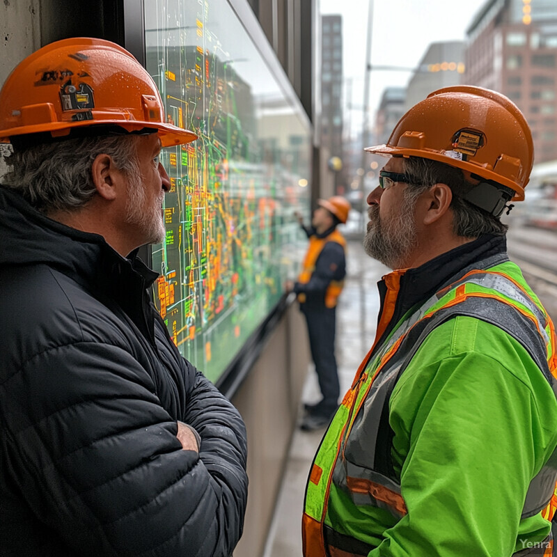 Two men in hard hats discuss a map on an electronic screen in the middle of a city street.