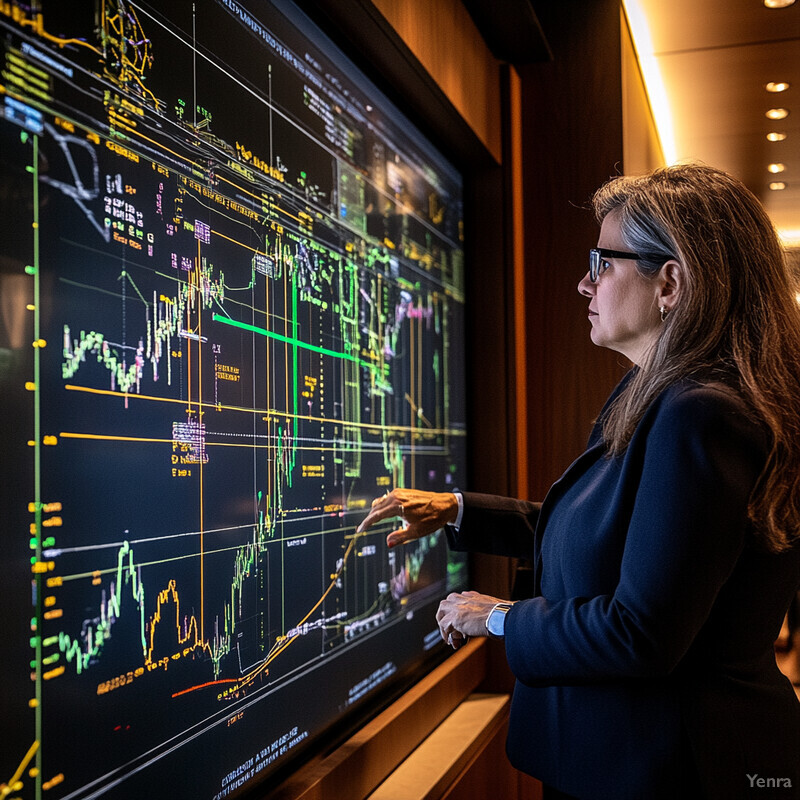 Two individuals analyzing data on a large screen.