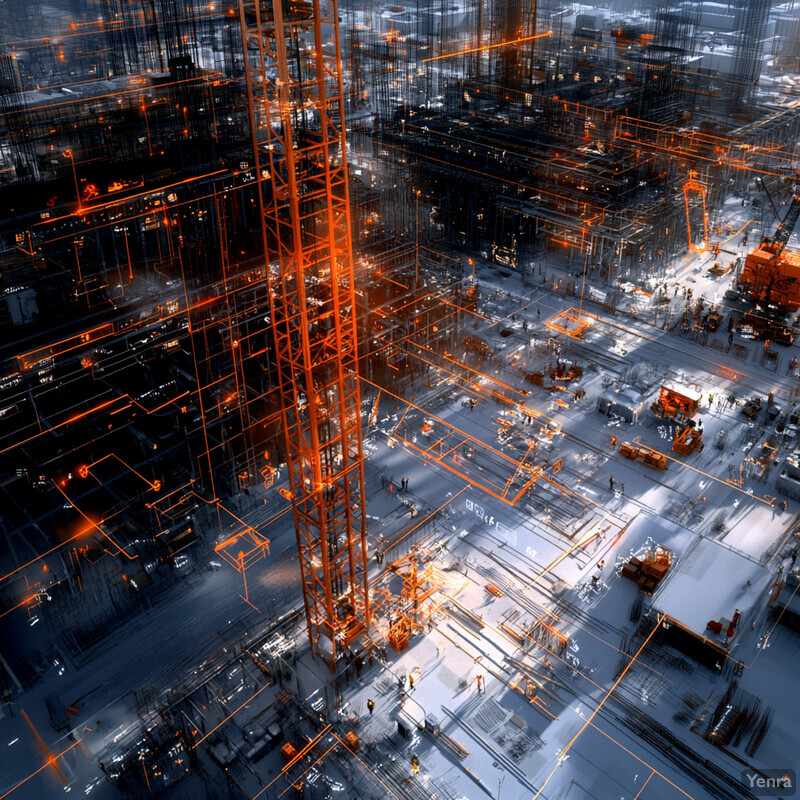 A drone-based inspection of a large construction site at night.