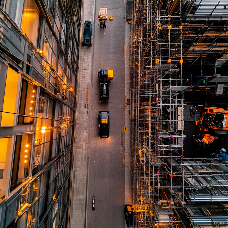 A city street under construction, with scaffolding and various vehicles present.