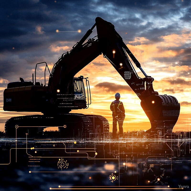 Two workers stand next to an excavator on a construction site as the sun sets.