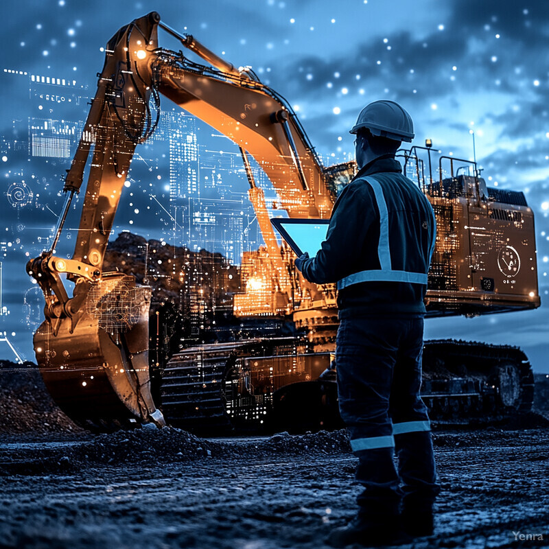 A worker stands in front of an excavator at night on what appears to be a construction site or industrial area.