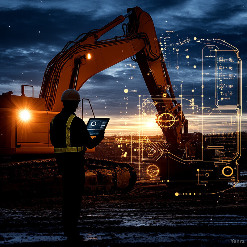 A construction worker stands in front of an excavator at dusk, using a tablet to monitor or control the machine's operation.