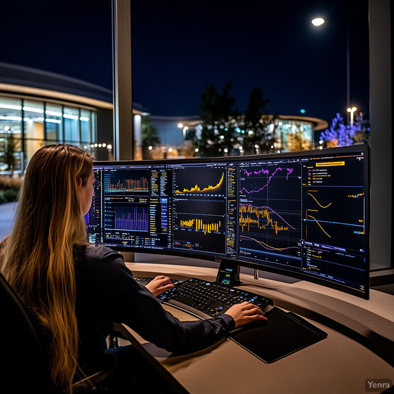 A woman sits at a desk in front of multiple computer monitors, intently analyzing data on the screens.