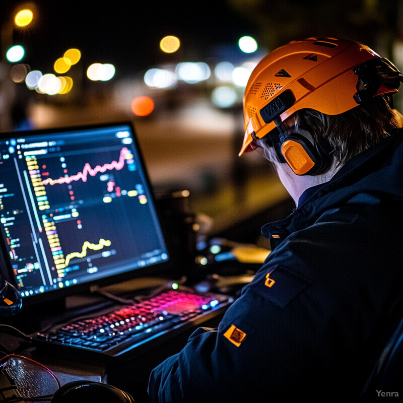 A person is working on incident trend analysis during nighttime hours, likely at a construction site.