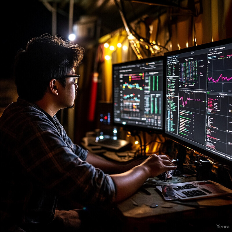 A man works late at night in front of multiple computer monitors, analyzing data to find trends or patterns.