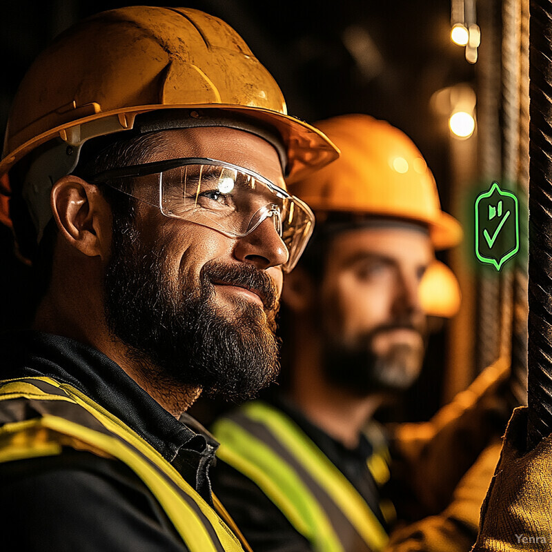 Two men in hard hats and safety vests, possibly working at night or in a dimly lit area.