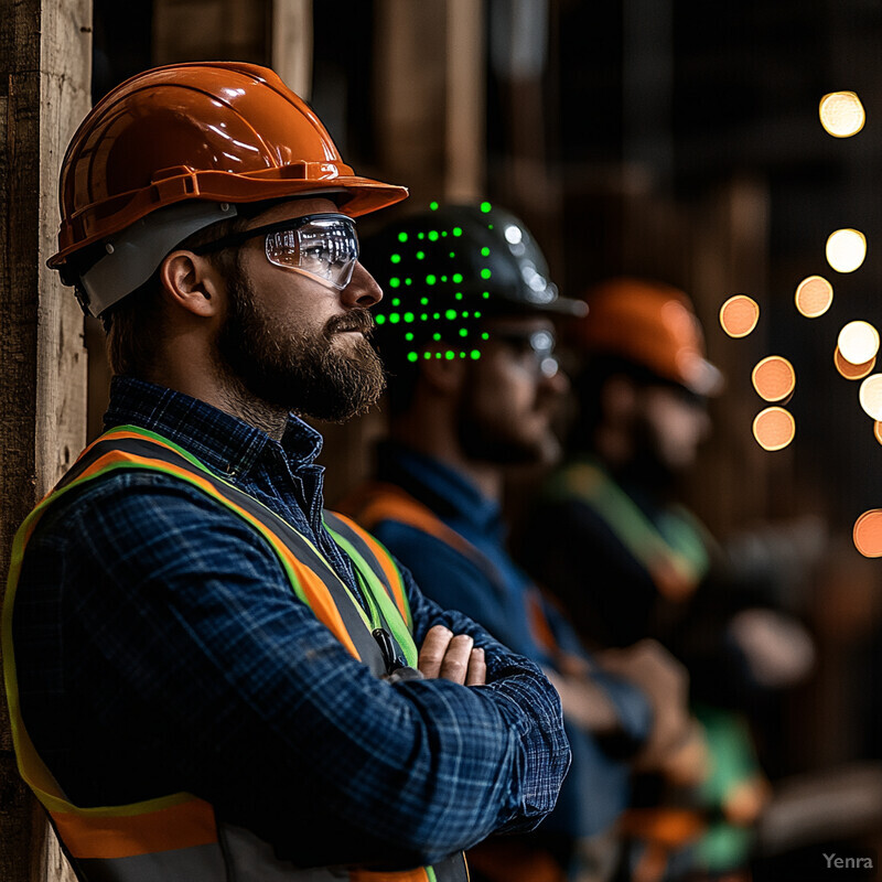 Construction workers in a warehouse setting.