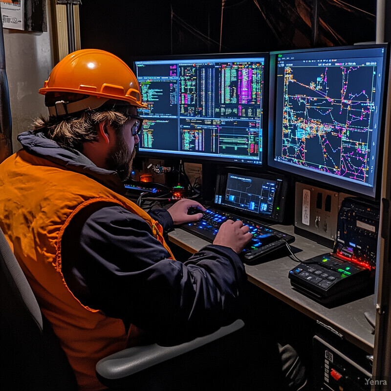 A man is sitting at a desk in front of multiple computer monitors displaying various graphs and charts, likely engaged in predictive analytics for risk assessment.